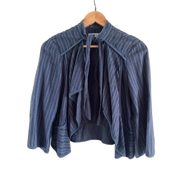 Cabi Cascade Peplum‎ Steampunk 100% Cotton Cropped Blue Striped Jacket Sz M - Picture 2 of 10